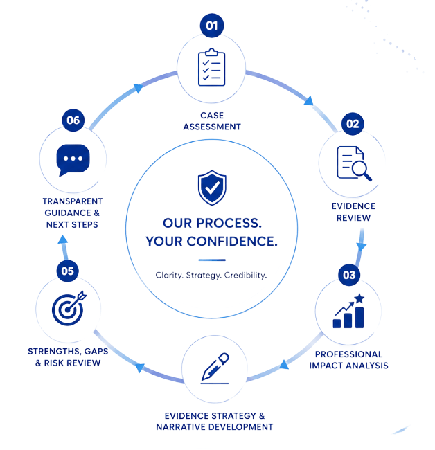 EB1A case evaluation process with assessment, evidence review, impact analysis, and strategy steps