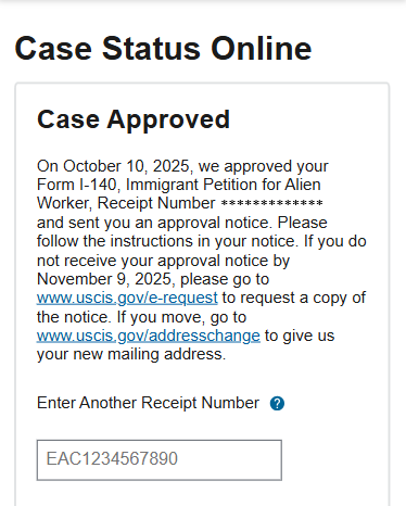 EB1A filing to approval timeline September 2025 to October 2025
