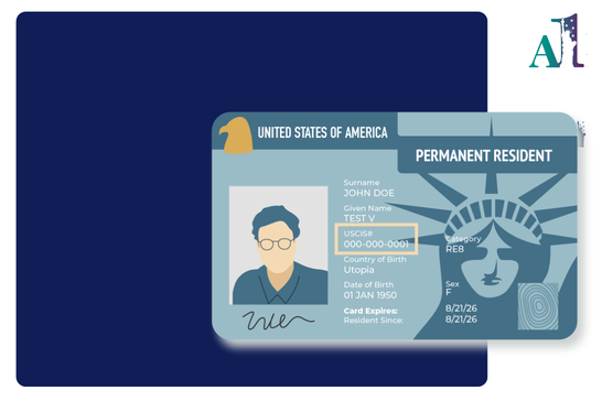 green card showing the USCIS number, also known as the Alien Registration Number