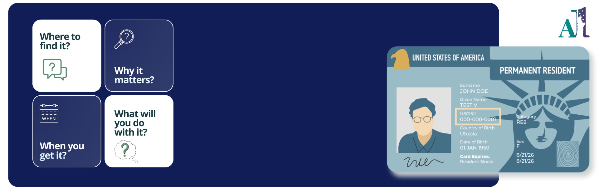  green card showing the USCIS number, also known as the Alien Registration Number