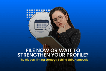 Professional reviewing EB1A green card documents while deciding whether to file now or wait
