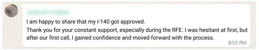 EB1A Green Card approval testimonial – Energy Transfer Principal Specialist five-star success story.