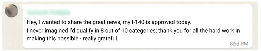 EB1A I-140 approval testimonial – Tata Consultancy Services Technical Architect five-star success story.