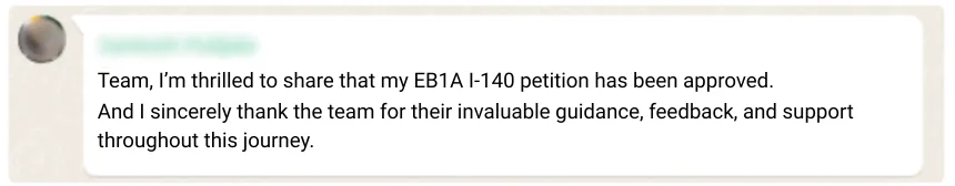 EB1A Green Card approval testimonial – Senior Data Engineer success story with I-140 approval and five-star review.